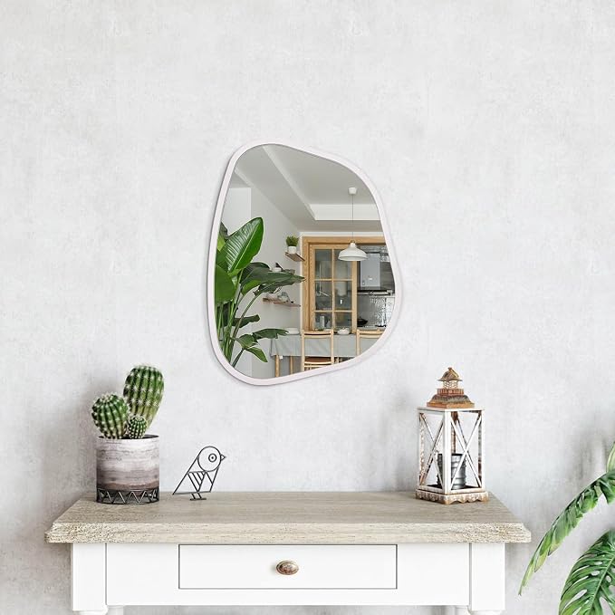 Asymmetrical Mirror Irregular Oval Wall Mirror Modern Wood Frame Unique Shape Wall Mounted Vanity Artistic Mirror Decorative for Living Room Bedroom Bathroom Entryway 16"x12"