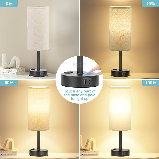 Fenmzee Beige Bedside Lamp for Bedroom, Dimmable Touch, USB A+C, AC Outlet