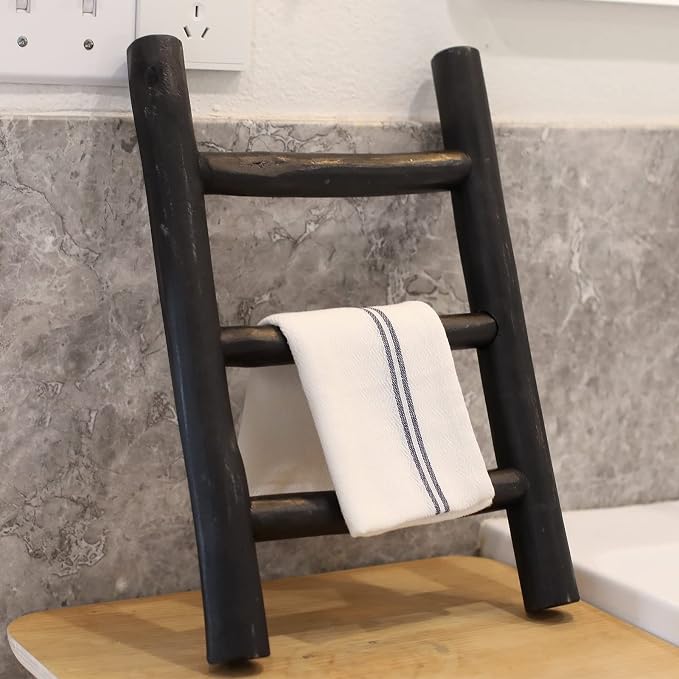 FUIN Tea Towel Ladder, Mini Rustic Solid Wood Decorative Ladder, Black | Farmhouse living room accent, Layered blanket towel quilt display, Visible wood grain, Bathroom and Bedroom use