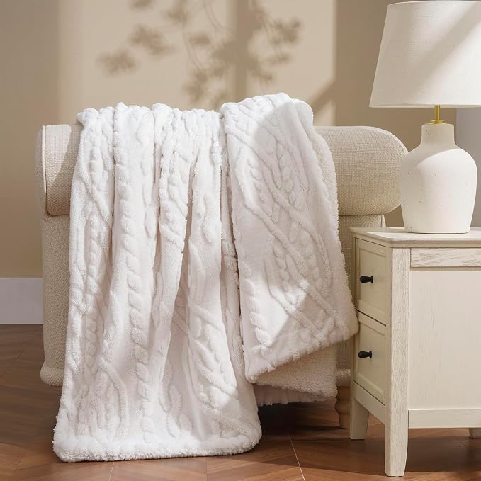 EverGrace Jacquard Reversible Sherpa Throw Blanket, 50" x 60", Bleach White | Jacquard Sherpa Throw Blanket, Super Soft, Cozy Plush Blanket, Reversible Thick Warm Throw for Bed, Sofa, Living Room
