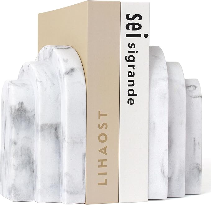 LIN CHUAN Heavy Duty Bookends for Shelves, Set of 2, Marble White Look | Book Ends for Heavy Books, Decorative Book Stopper with Faux Sandstone Finish, Layered Arch Design Bookshelf holder, 6.6 lbs
