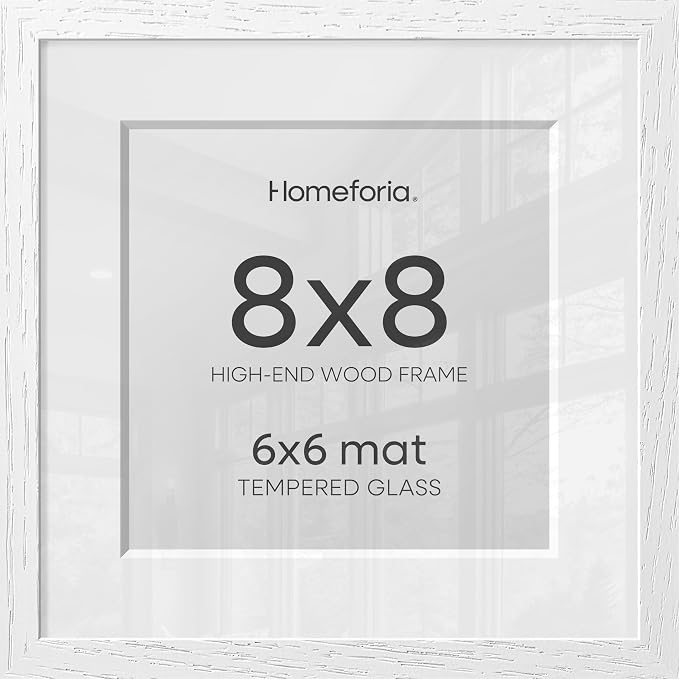 Homeforia 8x8 White Oak Picture Frame, High-End Wood, 6x6 Mat, Glass