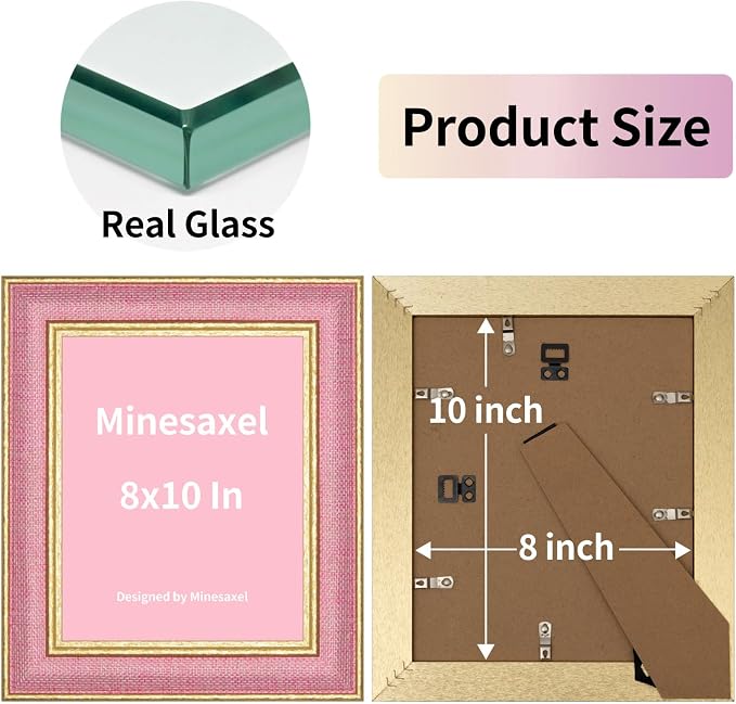8x10 Picture Frame - Soft Pink Fabric & Vintage Gold Border HD Real Glass with Easel for Tabletop/Wall (Family Photos, Nursery Decor 1 Pack)