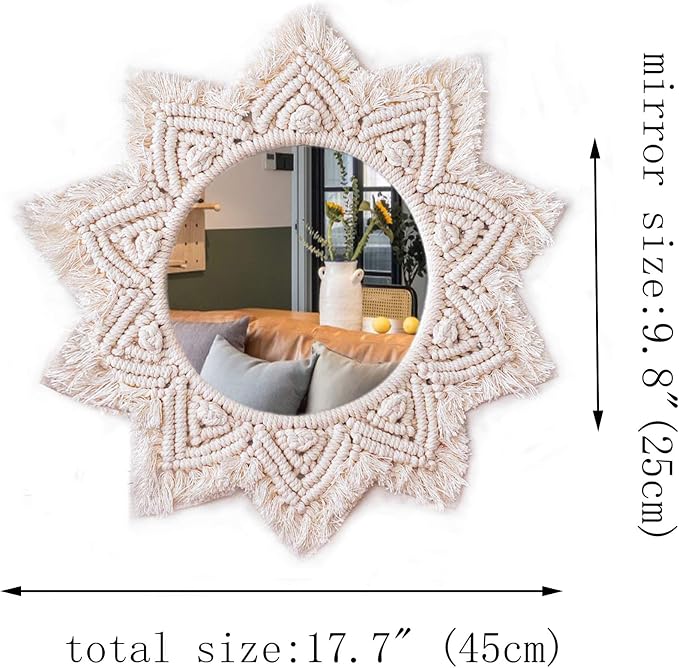 TENEWEE Small Macrame Boho Round Wall Mirror for Apartment & Rental Home | Handmade cotton, HD glass, easy hanging for entryway, dorm, bath & bedroom; farmhouse cottagecore wall small spaces decor