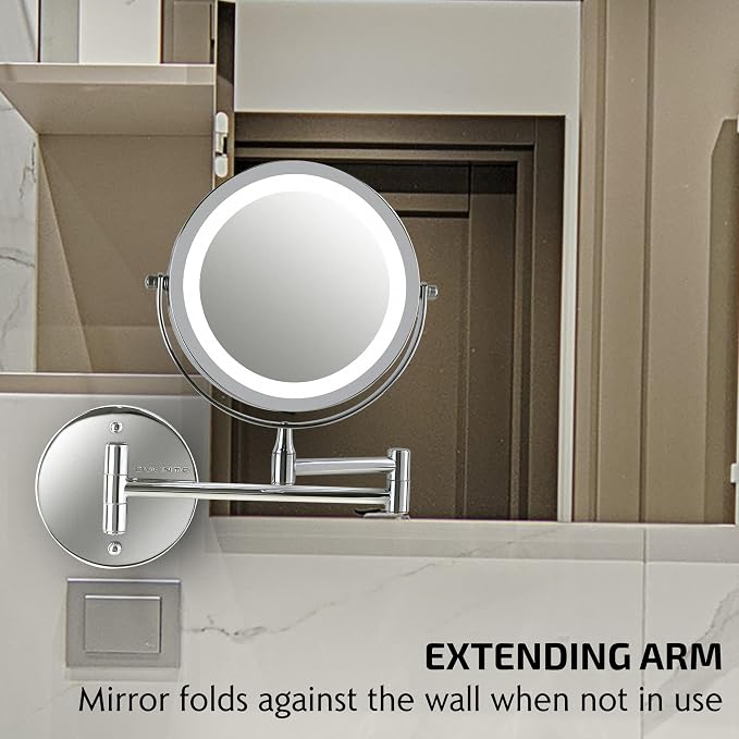OVENTE 6.8" Lighted Wall Mount Makeup Mirror, 1X & 7X Magnifier, Adjustable Double Sided Round LED, Extend, Retractable & Folding Arm, Compact & Cordless, Battery Powered Polished Chrome MFW70CH1X7X