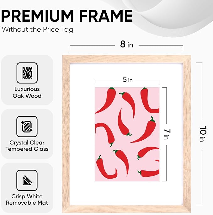 Homeforia 10 x 8 Wood Picture Frame, High End Natural Oak 10x8 Light Wooden Frames with Mat 5x7 inch Photo, 10 x 8 Frame Matted to 5 x 7 Art, Wall or Tabletop Frame, Tempered Glass, Wall Kit, Set of 1
