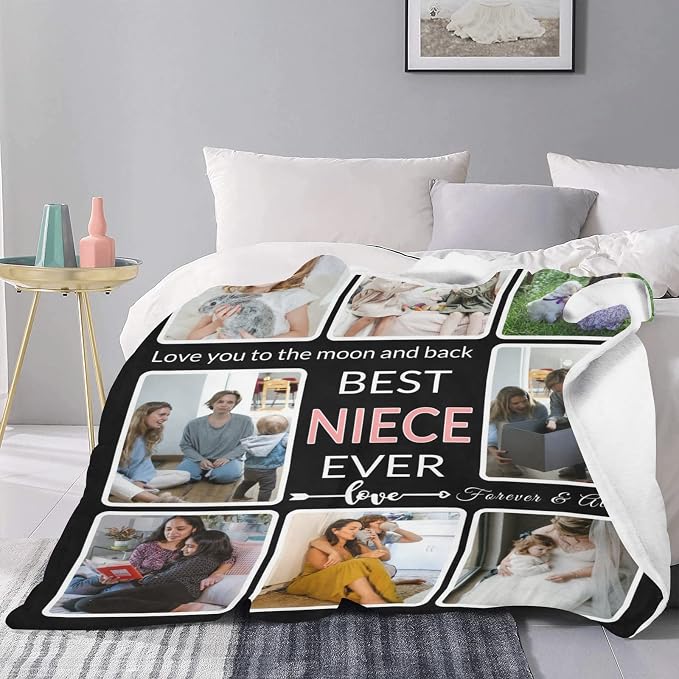 Customized Blanket with Photo, Make a Personalized Blankets with Pictures Customizable Memories Souvenir Throws Blanket Gift for Best Niece Ever, Forever & Always, 8 Collage Made in USA