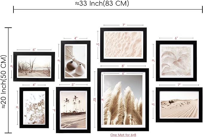 Gallery Wall Frame Set, 8 Pack Black Picture Frames, Small | Collage Pampas Grass Prints Wall Art Decor for Living Room, Entryway, Stairway, Bedroom, Assorted Size