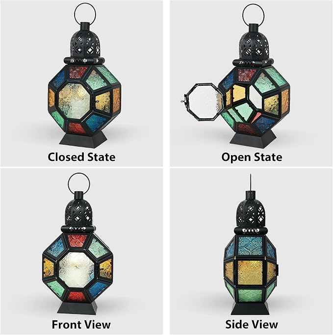 Vintage Large Size Decorative Ramadan Candle Lantern, 12’’ Metal Hanging&Tabletop Moroccan Stained Glass Lantern Candle Holder Decor, Decorations for Home Indoor Outdoor Patio (Colorful)