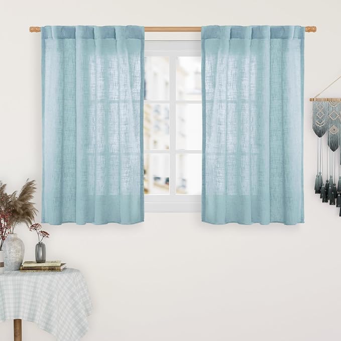 40 Inch Length Linen Curtains for Small Windows Over Silk 2 Panels | Semi Sheer, Light Filtering Panels, Country Decor Drapes for Kitchen, Rod Pocket Back Tab, Stone Blue, 34 x 40 Inch