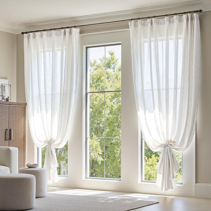 jinchan Linen Curtains Light Filtering Back Tab 100x108 Inch 1 Panel White | Semi Sheer Curtains 108 inch length for Bedroom Living Room, Modern Farmhouse Drapes with Rod Pocket, Natural Boho Curtains