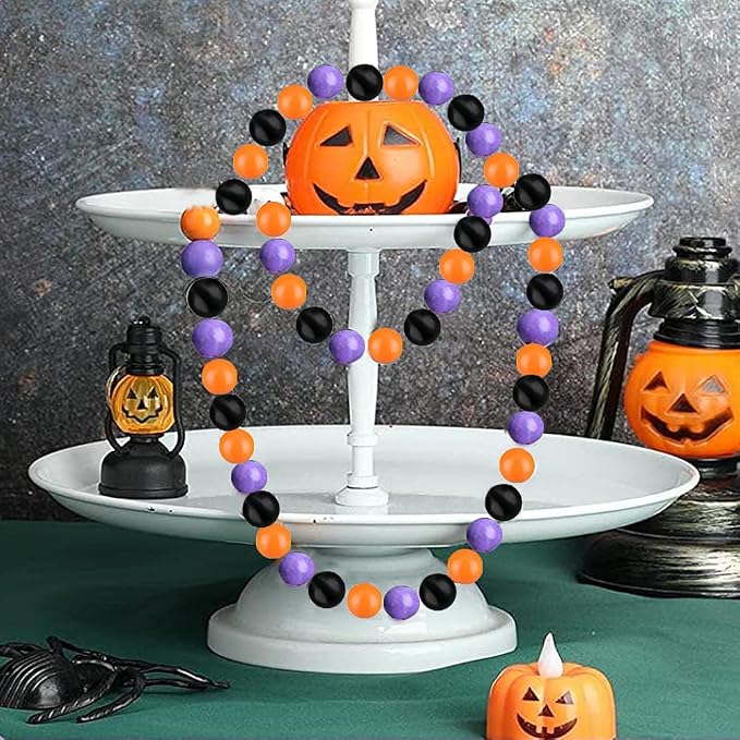 2 Pack Wooden Bead Garland - 10 Feet Halloween Wood Bead Decoration, 14mm (Orange, Purple and Black Color)
