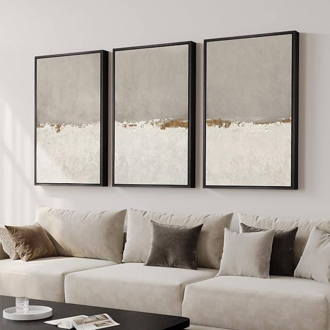 Large Framed Modern Taupe Abstract Wall Art for Living Room, Set of 3 24x36 | Minimalist beige horizon pictures, Canvas prints, Neutral paintings, Artwork for walls, Wall decor for hallway bedroom office