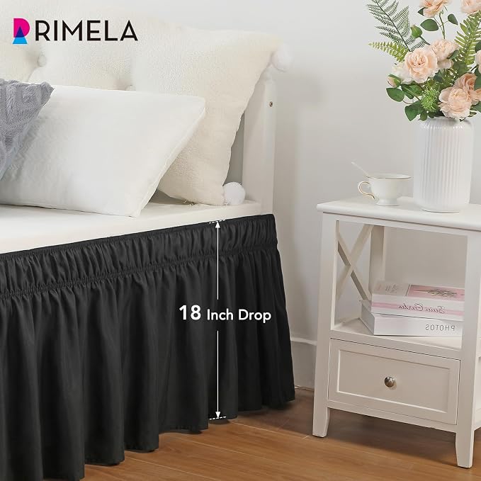 Black Bed Skirt Full Size 18 Inch Drop, Elastic Wrap Around Bedskirt | Solid Ruffled, Easy to Use, No Mattress Lifting, Wrinkle & Fade Resistant, with Adhesive Strips, Machine Wash/Dry/Iron