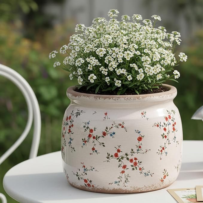 Cottagecore Ceramic Plant Pots, 6.29" French Country Floral Vase & Planters | Distressed Cottage Farmhouse Home Decor for Balcony Bookshelf Table Centerpieces, Grandma Core Aesthetic, Gifts for Grandma