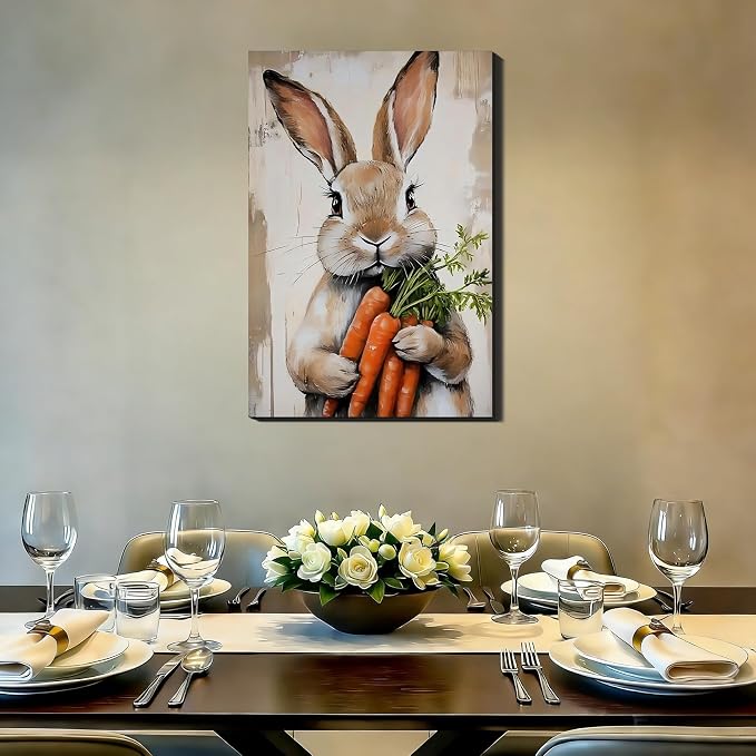 RIBNTAK Large Easter Bunny Carrot Canvas Wall Art 20x30, Framed Cute Rabbit Prints Picture for Living Room, Rustic Farmhouse Spring Wall Decor, Kids Room Holiday Easter Decoration