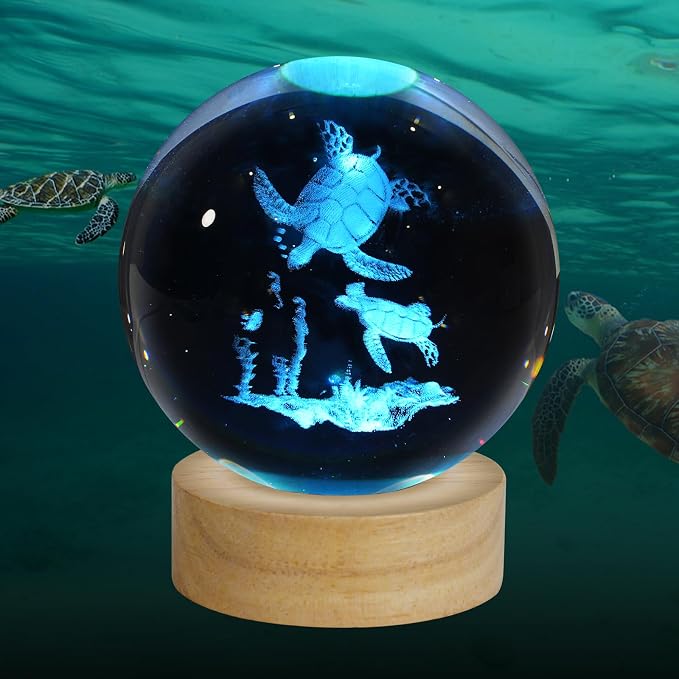 3D Sea Turtles Crystal Ball Night Light, Upgraded 3.15 Inch Glass Ball Lamp with 16 Color LED Wooden Base, Sea Turtles Decor Birthday Holiday Christmas Gifts for Boys Girls Friends