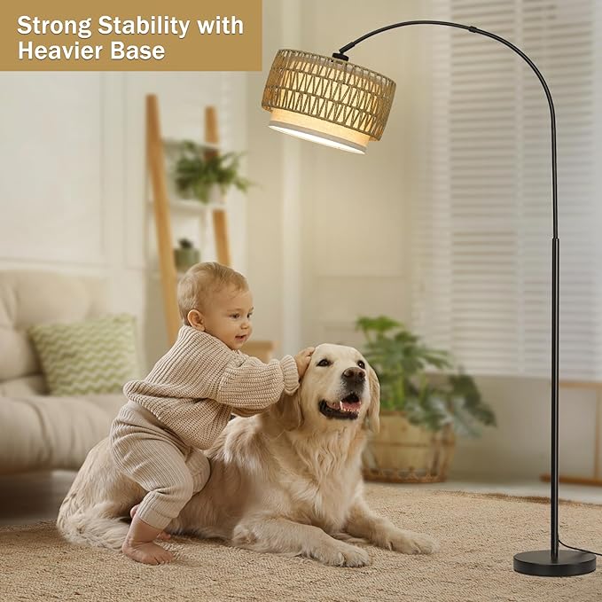 Rattan Floor Lamp, Dimmable Arc Floor Lamps with Adjustable Head