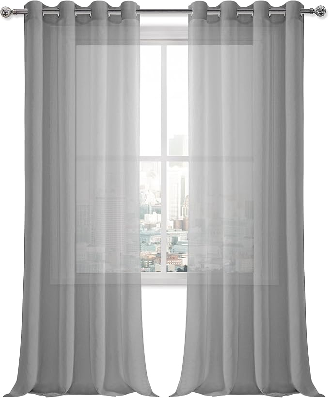 DWCN Grey Sheer Curtains for Living Room Bedroom - Faux Linen Look Voile Drapes Grommet Top Window Curtain Panel 52 x 120 Inches Long, Set of 2 Panels