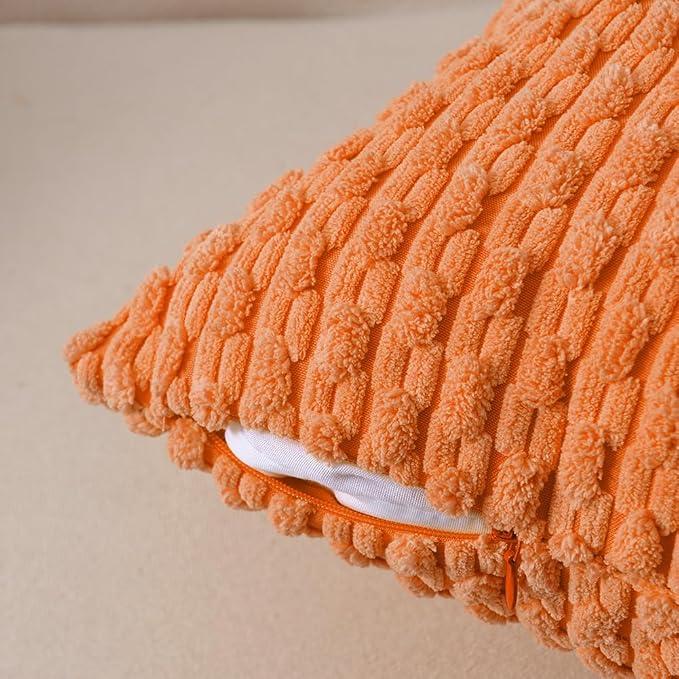 Fancy Homi 2 Packs Orange Fall Decorative Throw Pillow Covers 18x18 Inch for Couch Living Room Bed Sofa, Halloween Pumpkin Autumn Home Decor, Soft Cute Plush Corduroy Striped Cushion Case 45x45 CM