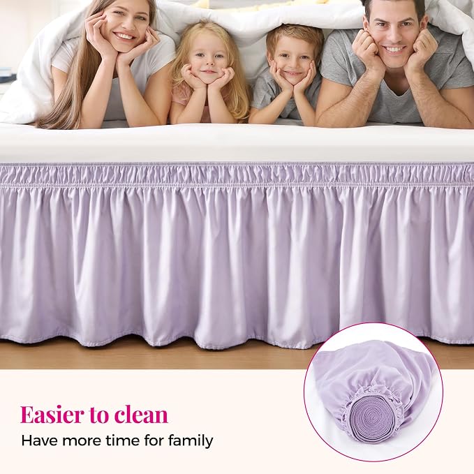 Lavender Purple Bed Skirt Queen 18" Drop, Elastic Wrap Around Bedskirt | Solid Ruffled, Easy to Use, No Mattress Lifting, Wrinkle & Fade Resistant, with Adhesive Strips, Machine Wash/Dry/Iron
