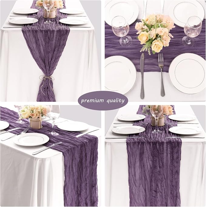 12 Pack 10Ft Cheesecloth Table Runner 35x120 Inch Boho Gauze Table Runner Rustic Cheese Cloth Long Romantic Table Runners for Wedding Bridal Shower Birthday Party Table Decor (Grape)