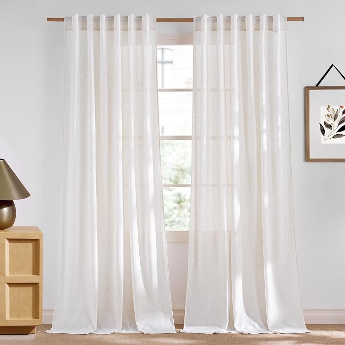 NICETOWN Linen Semi Sheer 108 inch Curtains for Living Room, Rod Pocket & Back Tab Thick Flax Linen Weave Drapes Privacy Added with Light Filtering for Bedroom, Cream, W55 x L108, 2 Panels