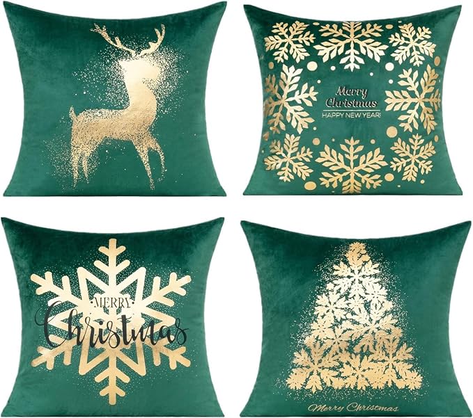 All Smiles Dark Green Gold Christmas Decorations Throw Pillow Covers Cases 20X20 Set of 4 Winter Xmas Indoor Home Décor Ornaments Velvet Navidad Cushion for Sofa Christmas Tree Snowflake Reindeer