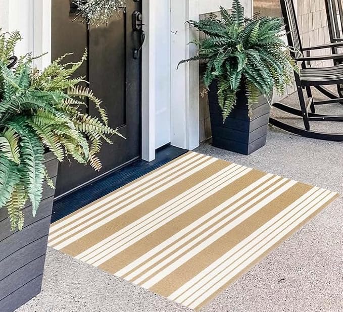 Khaki and White Striped Outdoor Rug 24'' x 35'' Door Mat Outdoor Machine Washable Welcome Mats Cotton Hand-Woven Entryway Rug for Front Porch/Entryway/Laundry/Bathroom/Bedroom