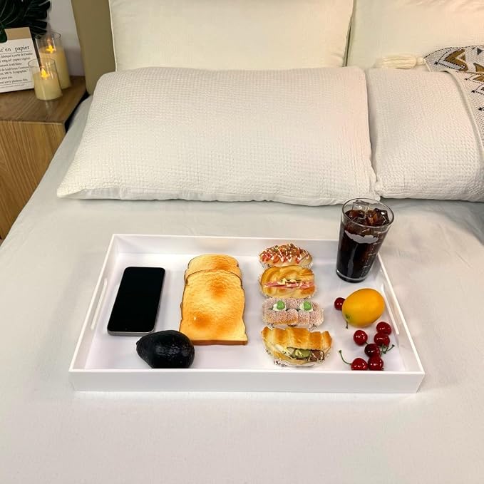 KEVLANG Glossy White Sturdy Acrylic Serving Tray with Handles-12x20 Inch-Serving Coffee Appetizer Breakfast-Kitchen Countertop Makeup Drawer Organizer-Vanity Table Ottoman Decorative Tray