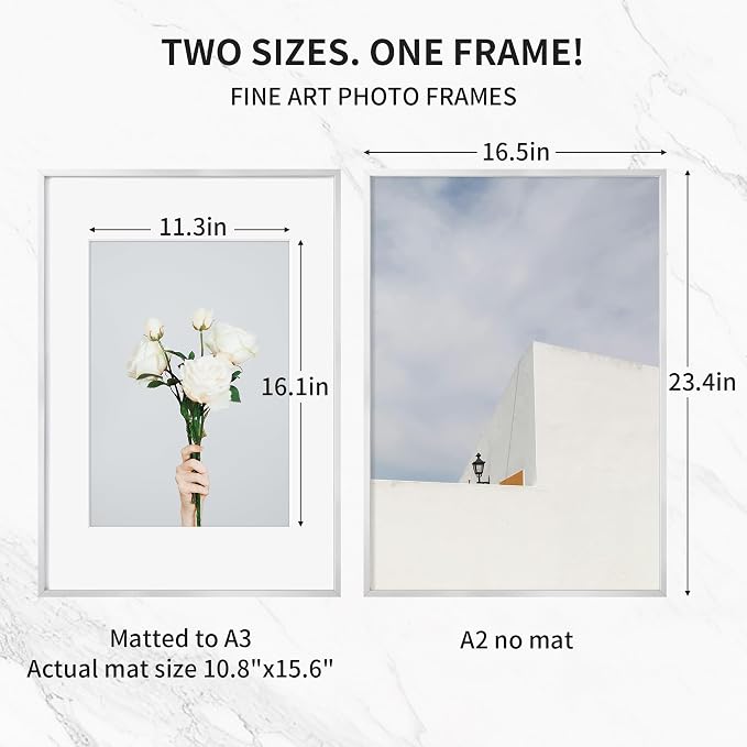 Fun Memories A2 Picture Frame Silver, High End Metal 16.5 x 23.5 Poster Frames for Wall, A2 Photo Frame with Mat A3, Tempered Glass, 1 Pack