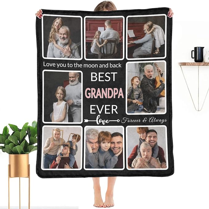 Gifts for Grandpa Custom Blanket with Photo, Make a Personalized Fathers Day Blankets Gift with Pictures Customized Father's Day Throw Blanket for Best Grandpa Ever, 8 Collage Made in USA
