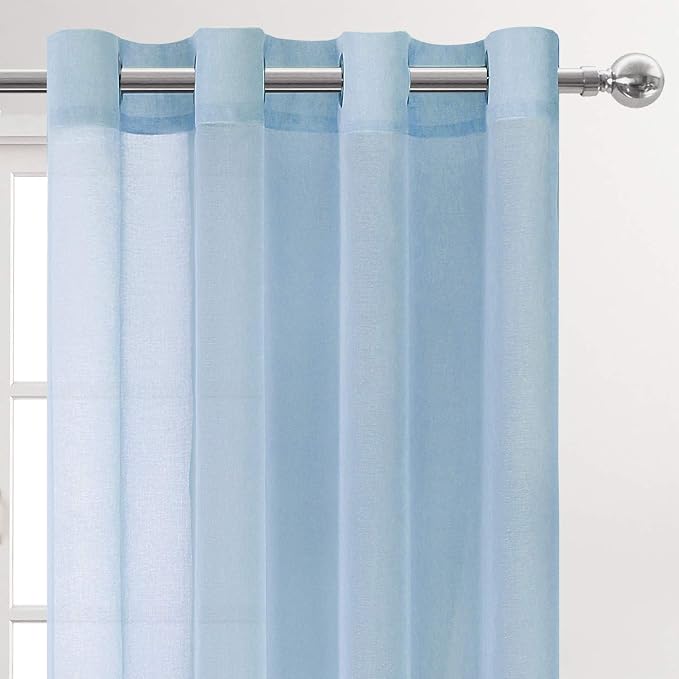 DWCN Sky Blue Faux Linen Sheer Curtains - Grommet Voile Window Curtain Drapes for Bedroom Living Room 52 x 72 inches Long, Set of 2