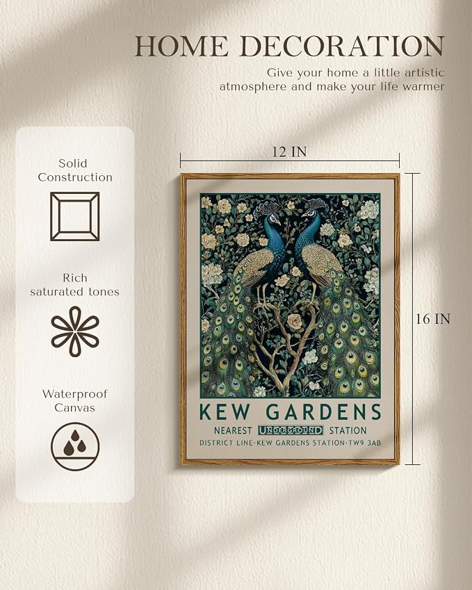 WHASAYART Vintage Peacock 12x16 Framed Canvas Wall Art Antique Painting, Kew Gardens Elegant Blue Peacocks Floral Botanical Bird Print Artwork, Retro Bathroom Bedroom Home Office Gallery Decor