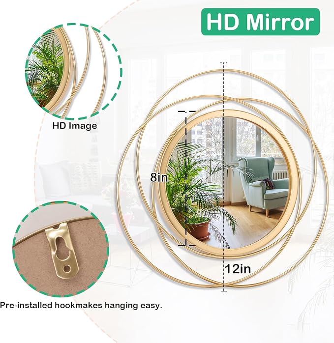 Gold Art Circle Mirror for Wall with Iron Metal Wire Frame Wall-Mounted Mirror for Home Decor Living Room Bedroom Bathroom Entryway Small 12"