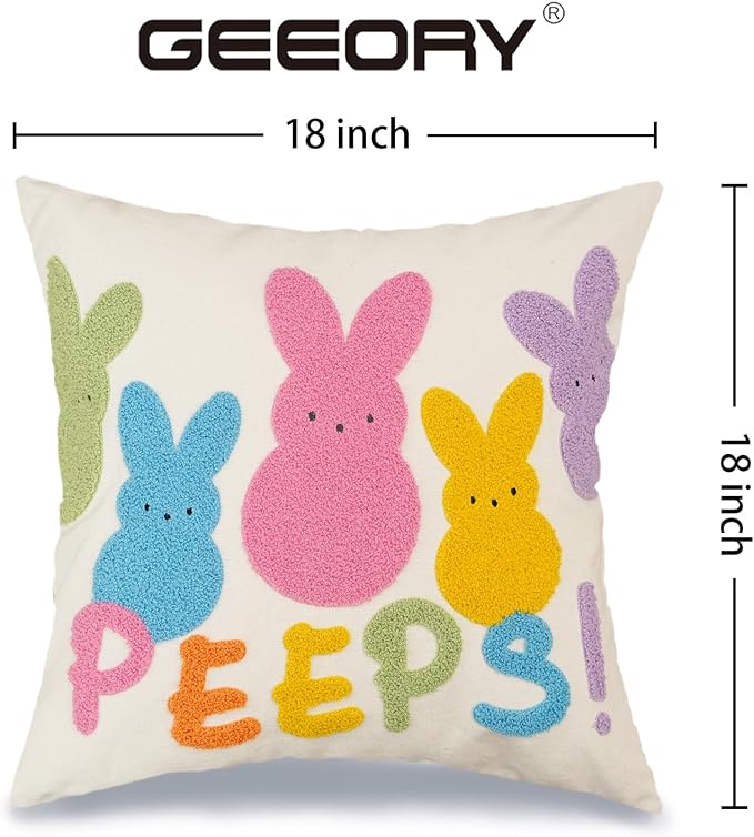 GEEORY 18x18 Inch Canvas Easter Embroidered Pastel Bunny Peeps Pillow Cover, Farmhouse Easter Decor Cushion Case for Living Room, Sofa & Bed