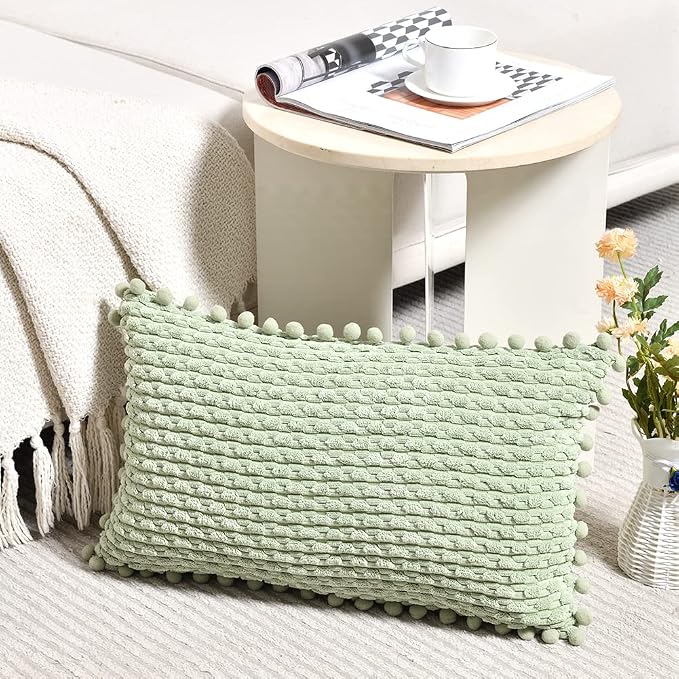 Fancy Homi Set of 2 Sage Green Lumbar Decorative Throw Pillow Covers 12x20 Inch with Pom-poms for Couch Bed Sofa, Modern Farmhouse Boho Home Decor, Soft Plush Corduroy Rectangle Cushion Case 30x50 cm