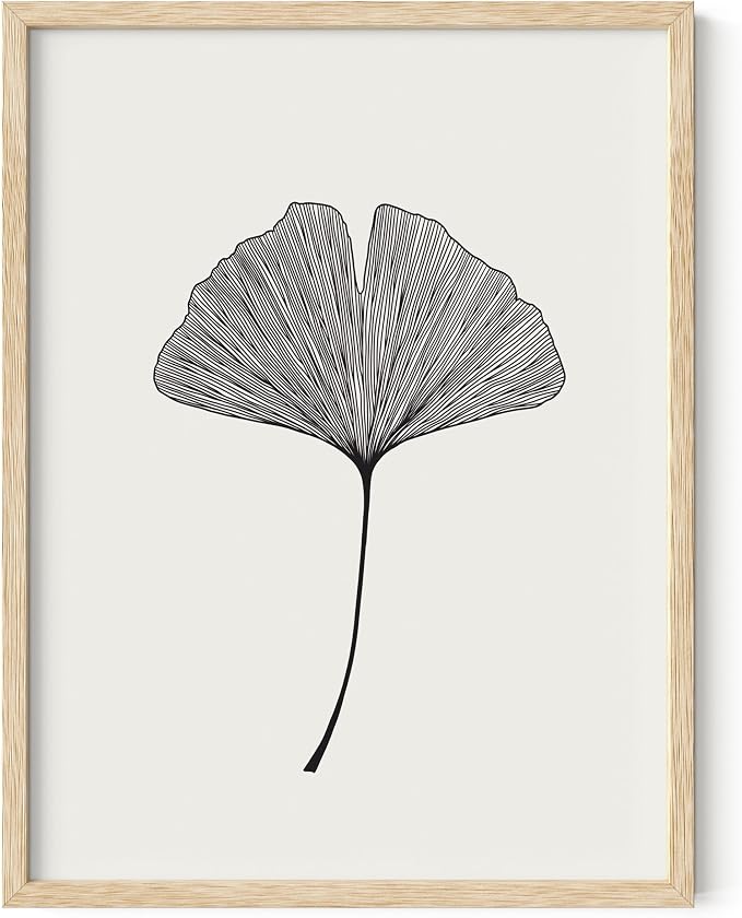 HAUS AND HUES Ginkgo Leaf Decor - Modern Japanese Botanical Print, Black and White Art, Neutral Wall Decor for Office or Bedroom, Minimalist Art (12x16 Beige Frame)