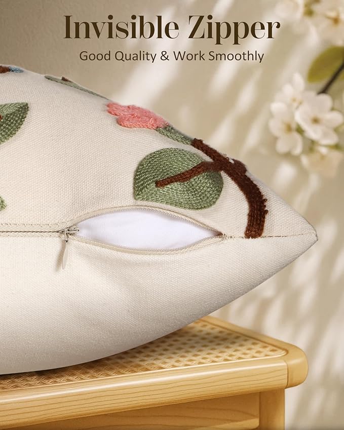 Embroidered Throw Pillow Cover 20x20 Inch, Bird Lemon | Decorative Pillow Cover, Farmhouse Cushion Case with Hidden Zipper, Cottagecore Decor for Couch, Sofa, Living Room, Bedroom
