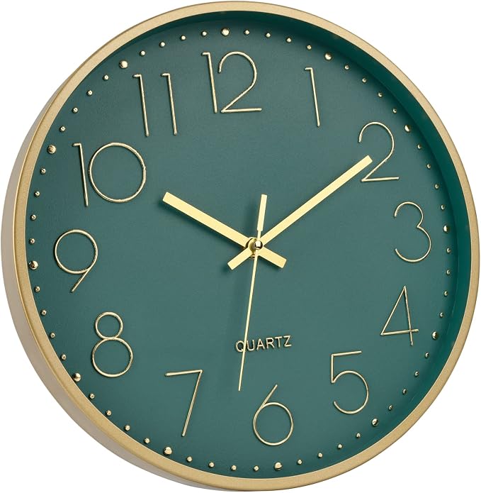 Foxtop 12" Modern Wall Clock Silent Battery Operated Metal Gold Clock | Dark Green Dial, Non-Ticking, Round, Analog Clock, Quartz, Easy to Read, Living Room, Bedroom, Kitchen, Office