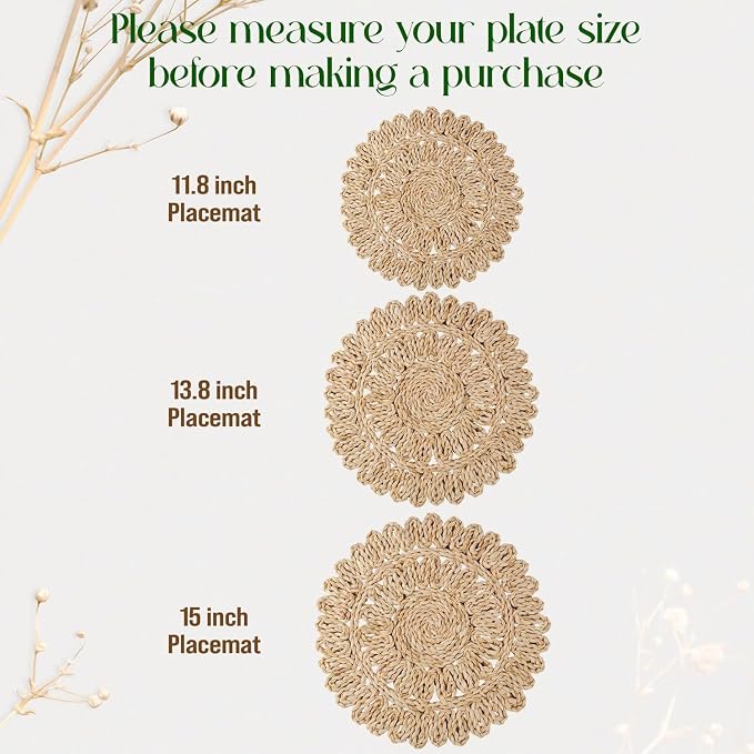 13.8" Corn Husk Woven Round Placemats Set of 10 - Wicker Boho Farmhouse Placemats - Rattan Table Mats Like Water Hyacinth for Dining Table, Wedding, Home