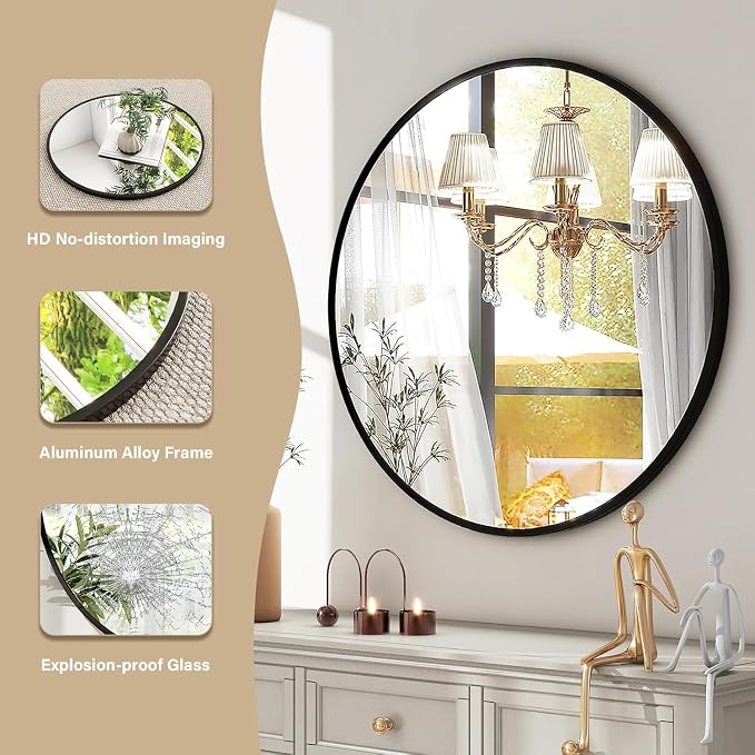 HARRITPURE Round Mirror 36 Black Wall Mounted Circle Mirrors | Vanity Mirror with Aluminum Alloy Frame, Modern Decoration for Bathroom, Living Room, Vanity, Bedroom, Entryway