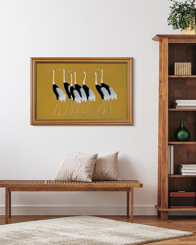 WHASAYART Gold Framed Vintage Wall Art for Living Room, Animals Painting Prints Shelf Decor for Kitchen, Aesthetic Bedroom Wall Art Decor, Christmas Gifts for Friends or Family Seven Cranes 16"x24"