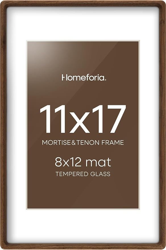 Homeforia 11x17 Mortise&Tenon Walnut Picture Frame, 8x12 Mat, Glass