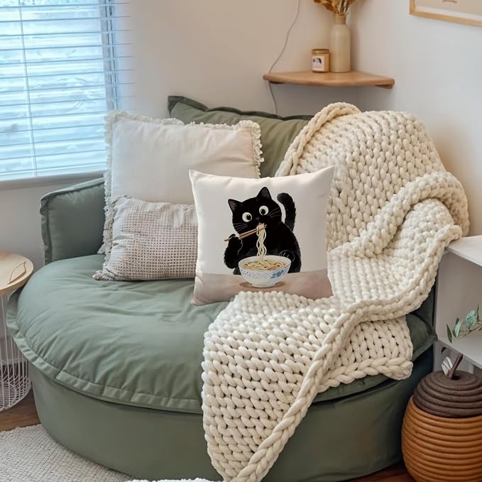 Funny Black Cat Pillow Covers 18x18, Cat Mom Lovers Lady Gifts for Women, Black Kitten Eating Noodle Decorative Throw Pillow Covers Pillowcases for Home Bedroom Living Room Decor