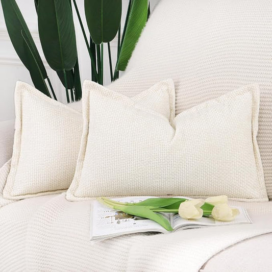 MADIZZ Decorative Chenille Velvet Throw Pillow Covers Set of 2 Soft Boho Textured Neutral Couch Throw Pillow for Bed Modern Farmhouse Home Decor for Sofa Livingroom Cream 12x20 Inch