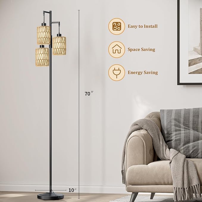 Oneach 70" Floor Lamps for Living Room, Stepless Dimmable Boho Floor Lamp with 3 Bulbs, Tall Farmhouse Industrial Corner Standing Tree Lamp for Bedroom, Office, Study Room, Rattan with Linen Shade