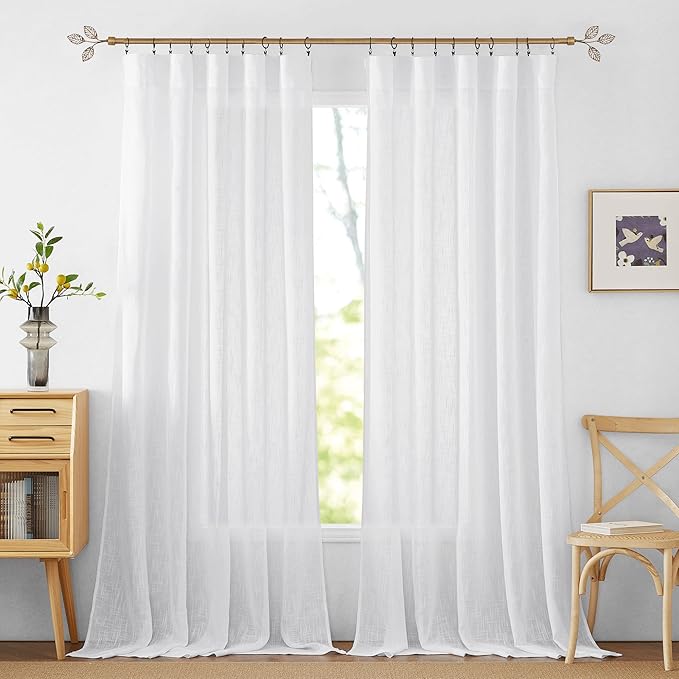 RYB HOME Extra Long Sheer Curtains 108 inches Long for Living Room | Semi Transparent Window Drapes, Boho Window Decor, for Bedroom Front Door High Ceiling Window, White, W70 x L108, 1 Pair