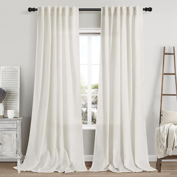 Cream Linen Sheer Curtains 102 Inches 2 Panels Set Back Tab Rod Pocket Extra Long Semi Sheer Light Filter Vintage Curtain Drapes Room Decor Aesthetic Curtains for Living Room High Window 42x102
