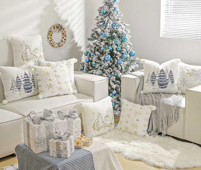 Lewondr Christmas Throw Pillow Cover, 18x18 Inch, Set of 2, White | Soft Faux Fur, Plush Ball, Embroidered Tree House Snowman, For Bed Home Decor Living Room